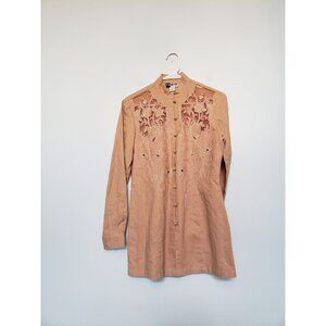 Together! Womens 4 Asian Blouse Linen Blend Tan Open Work Mandarin Knot Floral